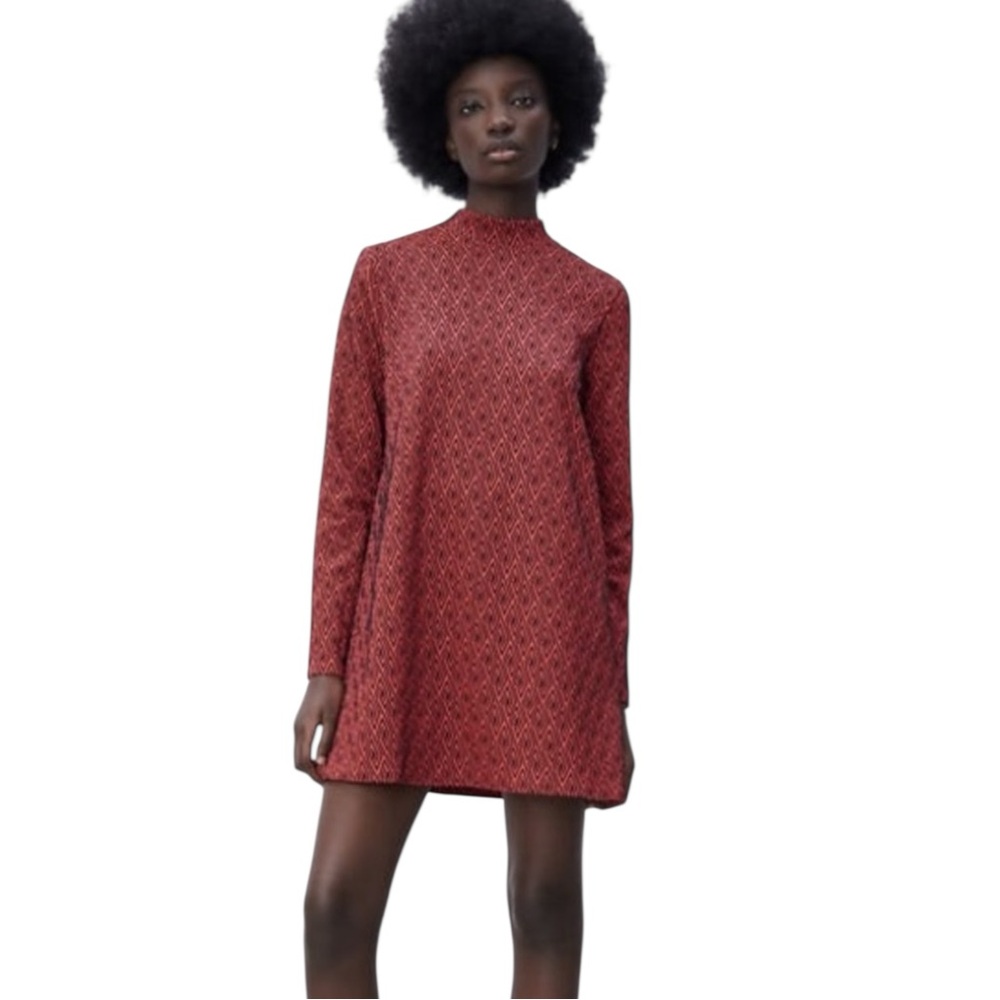 NWT Zara 60s 70s Inspo Mock Neck Dress Long Sleeve